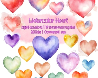 May include: A set of 19 watercolor hearts in various colors, including pink, purple, yellow, orange, and green. The hearts are painted in a loose, flowing style, giving them a soft and romantic look.  Watercolor Heart | 19 Transparent png files 300dpi | Commercial use