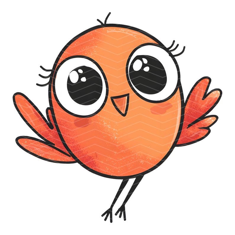 May include: A round, orange cartoon bird illustration with large white eyes, black pupils, and long eyelashes. The bird has a small orange beak, two outstretched wings with darker orange feather details, and two thin black legs with small feet.