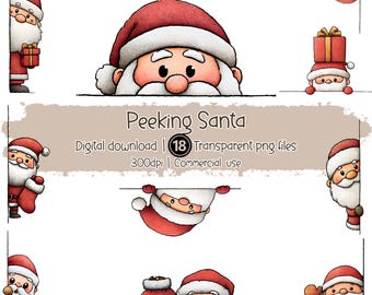 Peeking Santa Clipart Bundle, Cute Christmas Santa PNG, Santa Claus Digital Download, Holiday Sublimation Graphics, Xmas Clipart