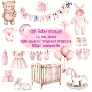 Pacote de clipart de chá de bebê para meninas aquarela PNG decoração de berçário rosa clipart de recém-nascido fofo brinquedos de berçário boho convite de aniversário de chá de bebê