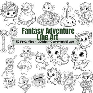 Fantasy Adventure Line Art PNG Bundle, Dragon Unicorn Knight Clipart, Kids Coloring Pages, Magical Creatures Outline, Commercial Use