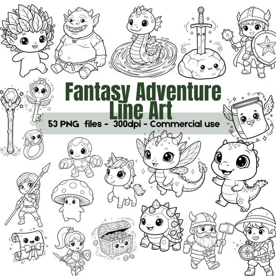 Fantasy Adventure Line Art PNG Bundle, Dragon Unicorn Knight Clipart, Kids Coloring Pages, Magical Creatures Outline, Commercial Use