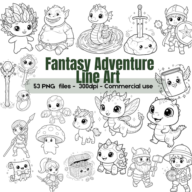 Fantasy Adventure Line Art PNG Bundle, Dragon Unicorn Knight Clipart, Kids Coloring Pages, Magical Creatures Outline, Commercial Use