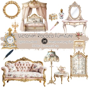 Pacote de Cliparts Rococó Vitoriano | Móveis Vintage PNG | Decoração Francesa Elegante | Gráficos da Era Romântica para Diário de Junk e Álbum de Recortes
