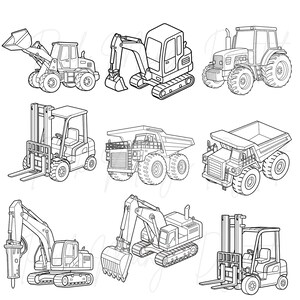 May include: Line art illustration of various construction vehicles, including a front-end loader, excavator, tractor, forklift, dump truck, and backhoe. The vehicles are depicted in a simple, outlined style, suitable for coloring or design projects.
