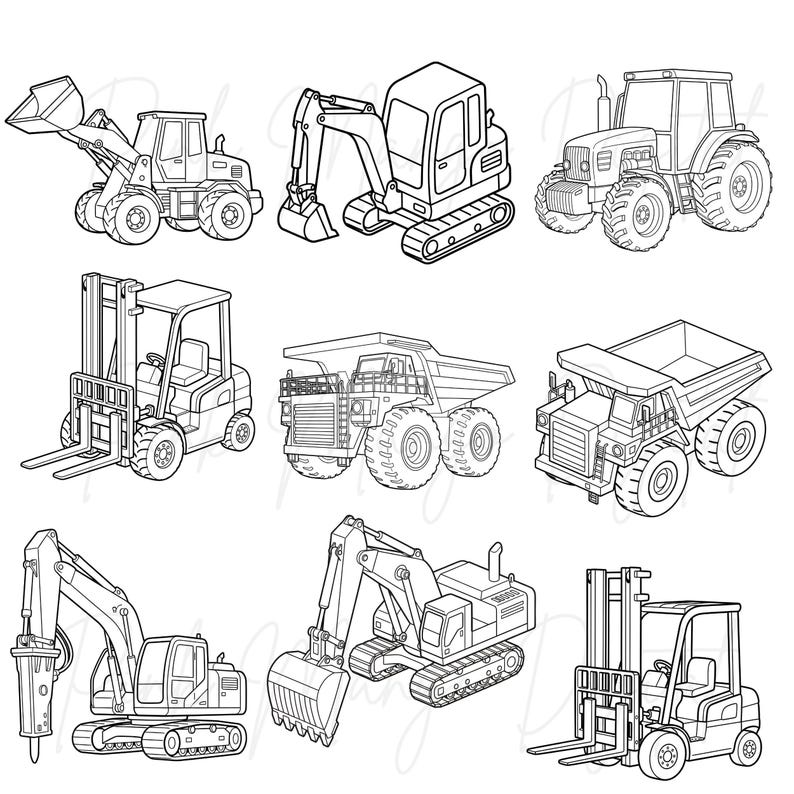 May include: Line art illustration of various construction vehicles, including a front-end loader, excavator, tractor, forklift, dump truck, and backhoe. The vehicles are depicted in a simple, outlined style, suitable for coloring or design projects.
