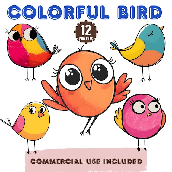 Colorful Bird Clipart Bundle, Cute Bird PNG, Cartoon Bird Clipart, Spring Bird Clipart, Printable PNG, Commercial Use