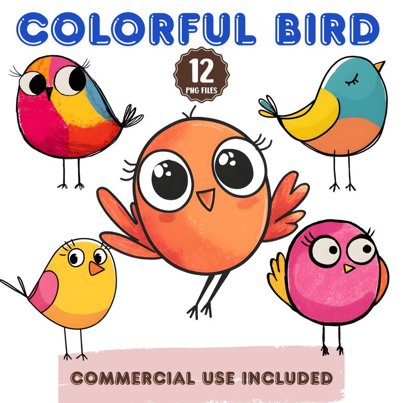 May include: A digital graphic set featuring five cartoon birds in various colors including pink, orange, yellow, and blue. The text COLORFUL BIRD, 12 PNG FILES, and COMMERCIAL USE INCLUDED is displayed. Each bird has large eyes and thin black legs.