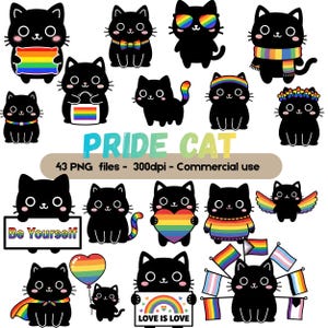 Op de afbeelding: Illustraties van zwarte katten met regenboog-pride-thema accessoires en borden. De tekst "Pride Cat" is te zien, samen met de boodschappen "Be Yourself" en "Love is Love". Regenboogvlaggen en harten zijn ook aanwezig.