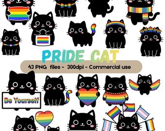 Pride Cat Clipart Bundle, LGBTQ Black Cat PNG, Rainbow Cute Cat Illustration, Love Is Love Pride PNG, Commercial Use