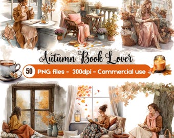 Cozy Fall Clipart Bundle: Autumn Book Lover PNG Illustrations (Digital Download