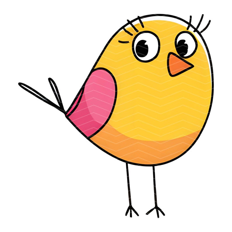 May include: A cartoon illustration of a round yellow bird with a pink wing, an orange beak, and long eyelashes. The bird has thin black legs and feet, a small tail with two black lines, and a simple outline, presented against a plain white background.
