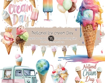 Watercolor Ice Cream Clipart Bundle: Summer Dessert PNG (Digital Download, 15 Files)