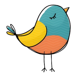 May include: A stylized illustration of a bird with a teal head and back, a yellow wing, and an orange belly. The bird has a small orange beak, closed eyes with eyelashes, and thin black legs. The body features a subtle chevron pattern.