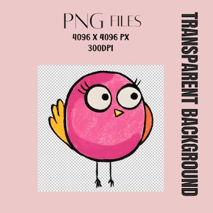 May include: A digital illustration of a round, bright pink bird with large white eyes, black pupils, and long eyelashes. The bird has yellow wing feathers, a small orange beak, and thin black stick-like legs. Text reads PNG FILES 4096 X 4096 PX 300DPI.