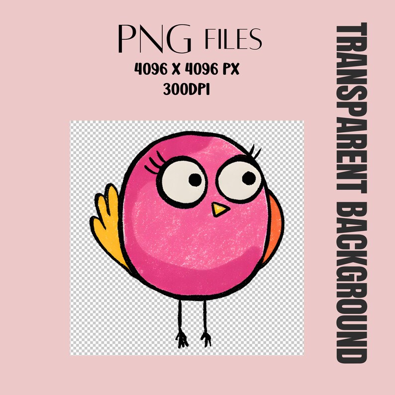 May include: A digital illustration of a round, bright pink bird with large white eyes, black pupils, and long eyelashes. The bird has yellow wing feathers, a small orange beak, and thin black stick-like legs. Text reads PNG FILES 4096 X 4096 PX 300DPI.