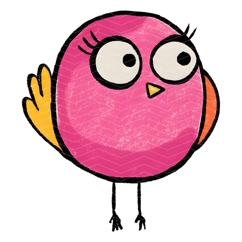 May include: A round, bright pink cartoon bird illustration with large white eyes, black pupils, and long eyelashes. The bird features a small yellow beak, yellow tail feathers, and thin black legs. The body has a subtle chevron pattern texture.