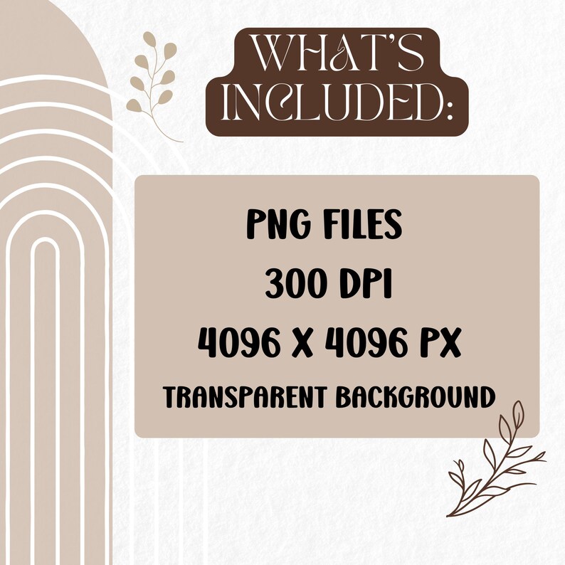 Puede incluir: Imagen de un producto digital con el texto "QU&Eacute; INCLUYE:" encima de una lista de caracter&iacute;sticas. La lista incluye "PNG FILES", "300 DPI", "4096 X 4096 PX" y "TRANSPARENT BACKGROUND". El fondo es beige con elementos decorativos.