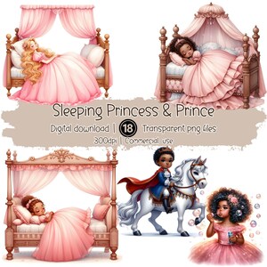 May include: Digital download featuring illustrations of a sleeping princess in a pink gown, a prince on a white horse, and a princess blowing bubbles. The text reads "Sleeping Princess & Prince" and includes details about the digital download.