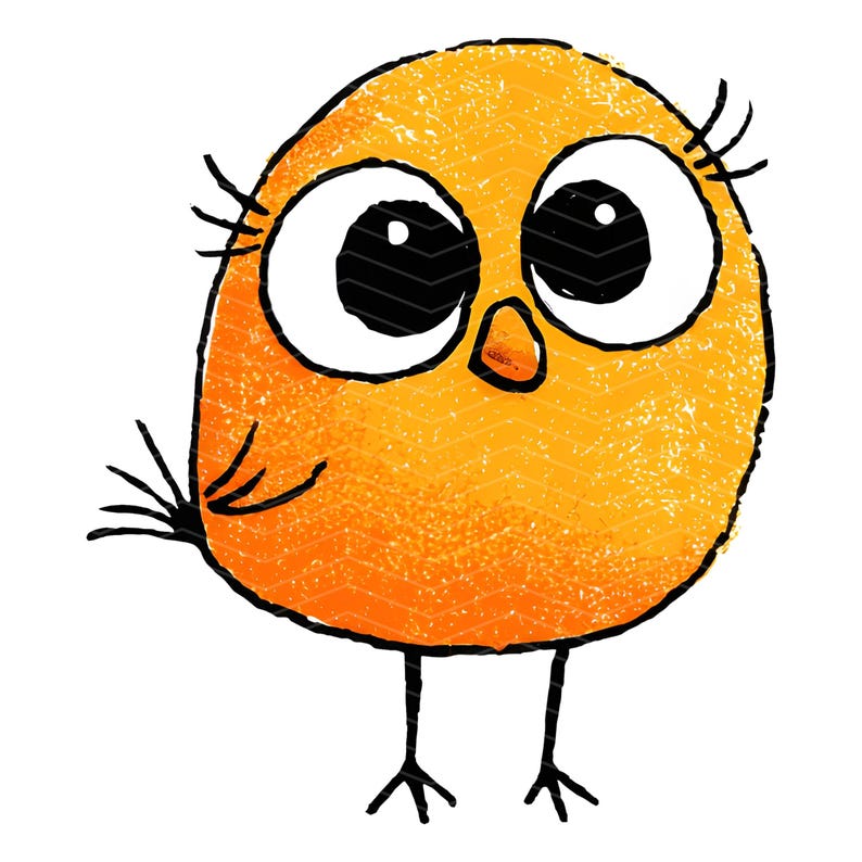 May include: A round, orange bird illustration with a textured, watercolor-like finish. The bird features large, wide-set white eyes with black pupils, long eyelashes, a small orange beak, and thin black lines for legs and a tail.