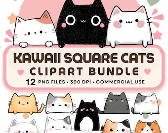 Kawaii Cat Clipart Bundle | 12 PNG Square Sitting Cats | Cute Fat Kitty Illustrations | Cartoon Cat Faces | Digital Download | 300 DPI