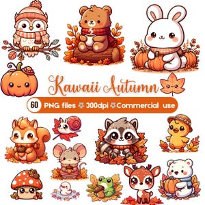May include: A collection of Kawaii Autumn themed PNG files featuring adorable cartoon animals and fall elements. Includes an owl, bear, bunny, squirrel, raccoon, deer, and more, all surrounded by autumn leaves and pumpkins. Text reads "Kawaii Autumn", "60 PNG files", "300dpi", and "Commercial use".