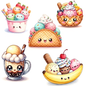 May include: A collection of cartoon illustrations of desserts, including ice cream rolls in a pink cup, ice cream scoops in a waffle taco, a sundae in a waffle bowl, a coffee drink, and a banana split.