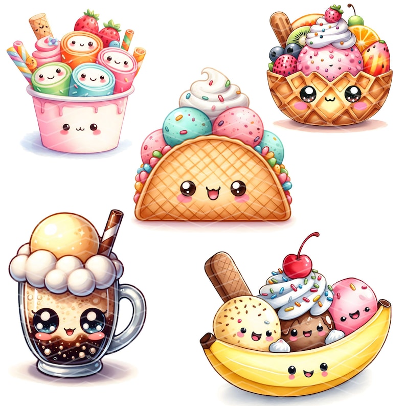 May include: A collection of cartoon illustrations of desserts, including ice cream rolls in a pink cup, ice cream scoops in a waffle taco, a sundae in a waffle bowl, a coffee drink, and a banana split.