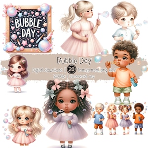 Puede incluir: Descarga digital con ilustraciones de niños soplando burbujas. La imagen incluye una pizarra con "Bubble Day" escrito, junto con varias decoraciones temáticas de burbujas. También incluye el texto "Digital download | 20 Transparent png files | 300dpi | Commercial use."