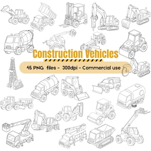 Construction Vehicles Line Art Clipart, Digger Excavator Dump Truck Bulldozer Cement Truck kids coloring page