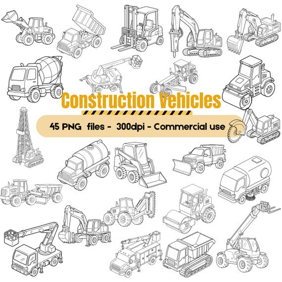 Construction Vehicles Line Art Clipart, Digger Excavator Dump Truck Bulldozer Cement Truck kids coloring page