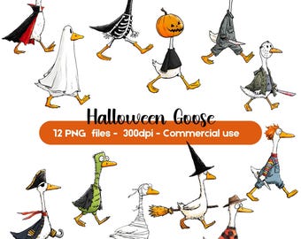 Paquete de imágenes prediseñadas de ganso de Halloween, disfraz de ganso divertido PNG, descarga digital de ganso espeluznante, ilustración de animal de Halloween