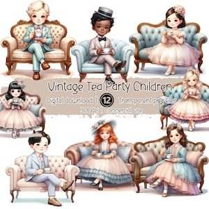 Vintage Teeparty Kinder Clipart | Wunderliche Jungen & Mädchen sitzen auf viktorianischen Sofas | Sofort Download