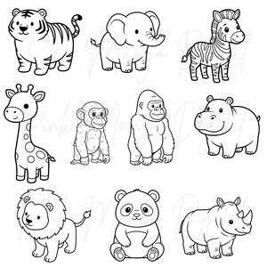 May include: A collection of nine black and white cartoon illustrations of various zoo animals. The animals include a tiger, elephant, zebra, giraffe, monkey, gorilla, hippo, lion, panda, and rhino. Each animal is drawn in a simple, outlined style.