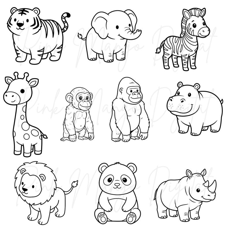 May include: A collection of nine black and white cartoon illustrations of various zoo animals. The animals include a tiger, elephant, zebra, giraffe, monkey, gorilla, hippo, lion, panda, and rhino. Each animal is drawn in a simple, outlined style.