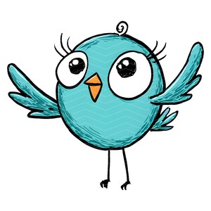 May include: A round, bright blue cartoon bird illustration with large white eyes, long black eyelashes, and a small orange beak. The bird has thin black legs, a small curl on its head, and wings spread wide in a cheerful, expressive pose.