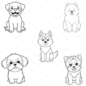 Pu&ograve; includere: Illustrazione in bianco e nero di cinque diverse razze di cani. I cani sono seduti e sorridenti. Le razze includono un Labrador, un Samoiedo, un Husky, uno Shih Tzu e uno Yorkshire Terrier. Lo sfondo &egrave; un motivo a zig-zag bianco.