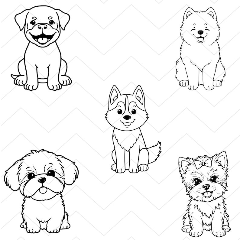 Pu&ograve; includere: Illustrazione in bianco e nero di cinque diverse razze di cani. I cani sono seduti e sorridenti. Le razze includono un Labrador, un Samoiedo, un Husky, uno Shih Tzu e uno Yorkshire Terrier. Lo sfondo &egrave; un motivo a zig-zag bianco.