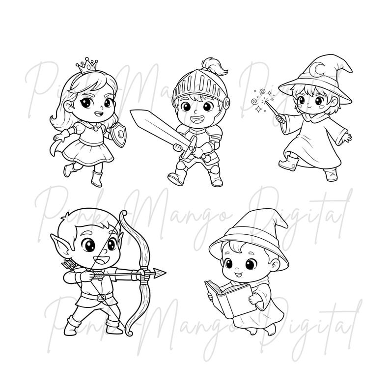 Puede incluir: Ilustraciones en blanco y negro de cinco personajes de fantas&iacute;a: una princesa, un caballero, un mago, un elfo con arco y flecha y un mago leyendo un libro. Los personajes son de estilo caricaturesco.
