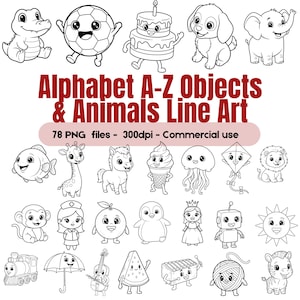 May include: Black and white line art illustrations of various objects and animals, including a soccer ball, cake, dog, and elephant. The text reads "Alphabet A-Z Objects & Animals Line Art". Includes 78 PNG files for commercial use.