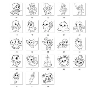Puede incluir: Una colecci&oacute;n de ilustraciones en blanco y negro de personajes y objetos de fantas&iacute;a. Las im&aacute;genes incluyen un caballero, un mago, un drag&oacute;n, un unicornio, un hada, una espada, una llave, una botella de poci&oacute;n y un pergamino. Cada imagen est&aacute; numerada.