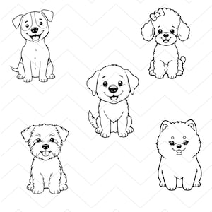Pu&ograve; includere: Illustrazione in bianco e nero di cinque diverse razze di cani. I cani sono seduti e sorridenti, con contorni dettagliati. Le razze includono un Jack Russell Terrier, un barboncino, un Labrador, un incrocio di Terrier e un Pomerania. Sfondo bianco con motivo a zig-zag.