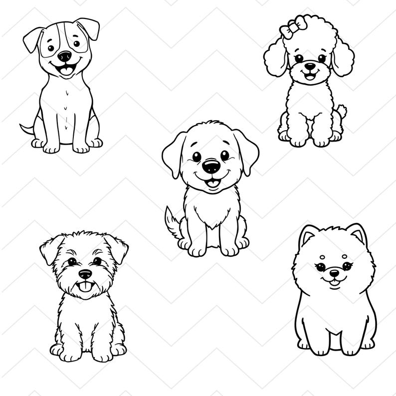 Pu&ograve; includere: Illustrazione in bianco e nero di cinque diverse razze di cani. I cani sono seduti e sorridenti, con contorni dettagliati. Le razze includono un Jack Russell Terrier, un barboncino, un Labrador, un incrocio di Terrier e un Pomerania. Sfondo bianco con motivo a zig-zag.