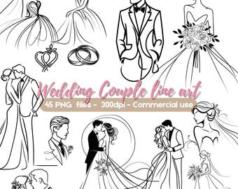 May include: Black and white line art illustrations of wedding couples, brides, grooms, wedding rings, and hearts. The text "Wedding Couple line art" is displayed, along with "45 PNG files - 300dpi - Commercial use."