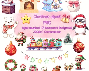 May include: A set of 17 Christmas clip art images in PNG format. The images include a snowman, a penguin, a train, a star, a house, a fireplace, a wreath, a candy cane, a gift, a stocking, a sleigh, a reindeer, a bell, a Santa Claus, a polar bear, a Christmas tree, and a Christmas ornament.