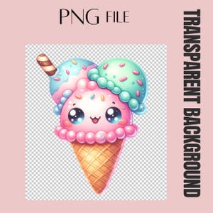 May include: A cute cartoon ice cream cone with a smiling face, blue and green scoops, and a chocolate-covered wafer. The image is labeled "PNG FILE" and "TRANSPARENT BACKGROUND".
