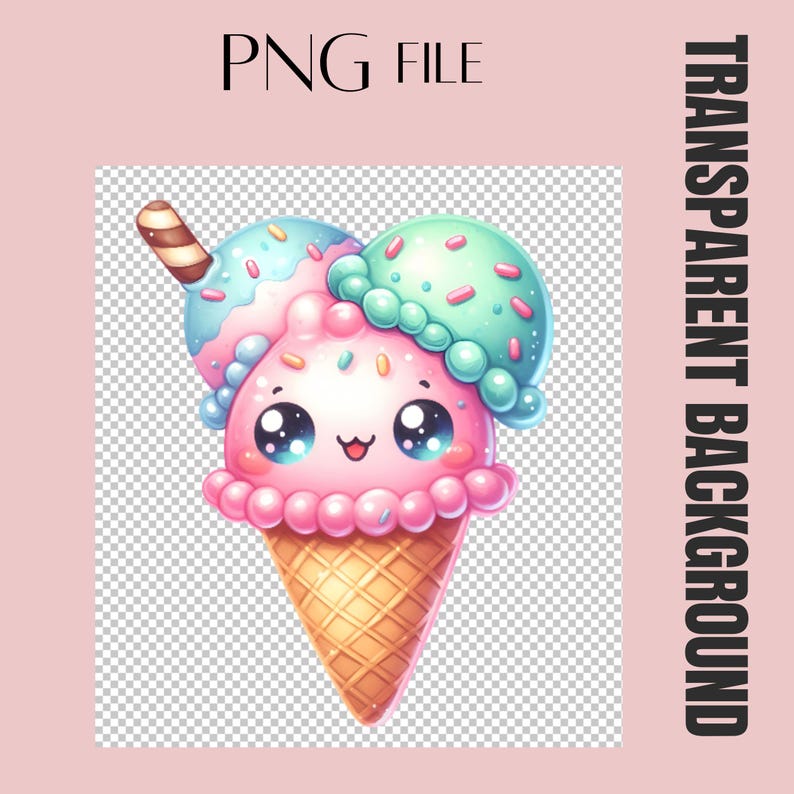 May include: A cute cartoon ice cream cone with a smiling face, blue and green scoops, and a chocolate-covered wafer. The image is labeled "PNG FILE" and "TRANSPARENT BACKGROUND".