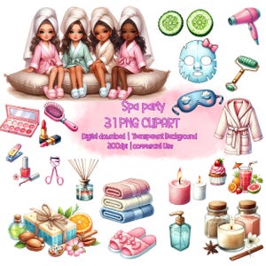 Ensemble de cliparts Girl Spa party, clipart fille glamour, jolie fille au spa, journée au spa, masque facial, vernis à ongles, clipart bain, maquillage, clipart enfants