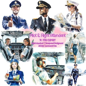 Clipart de aquarela de piloto e comissário de bordo, tripulação de cabine, aeromoça, tripulação de aviação PNG, ilustração de avião, uso comercial