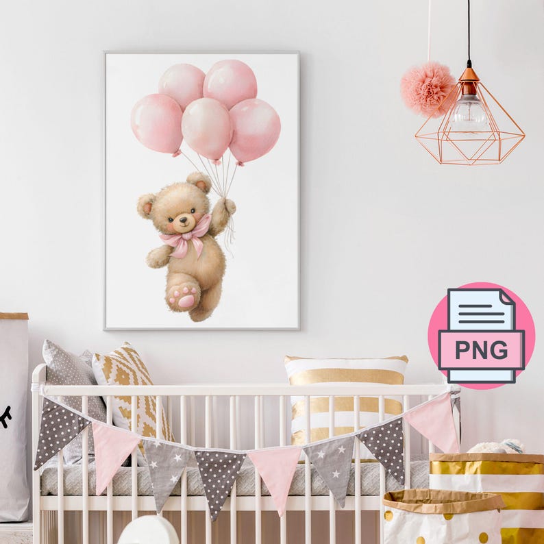 Cute Teddy Bear With Pink Balloons PNG, Baby Shower Clipart, Nursery ...